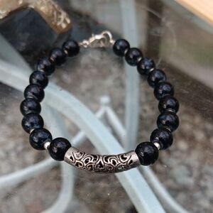 Black Beaded Bracelet with Silver Accents